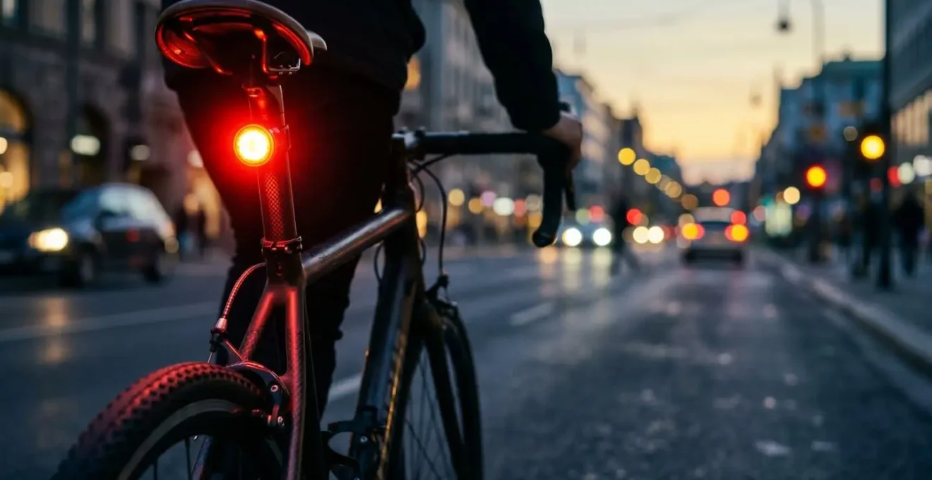 Close-up view of a cyclist's bike showing rear deceleration brake light glowing bright red against urban street background at dusk