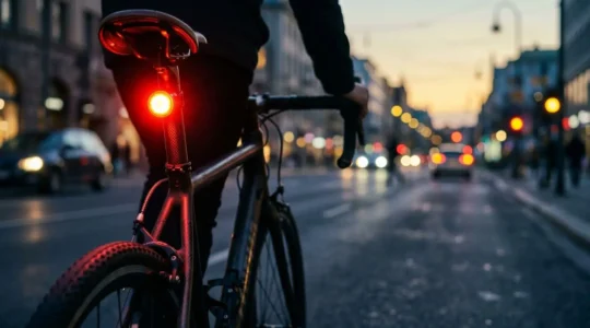 Close-up view of a cyclist's bike showing rear deceleration brake light glowing bright red against urban street background at dusk