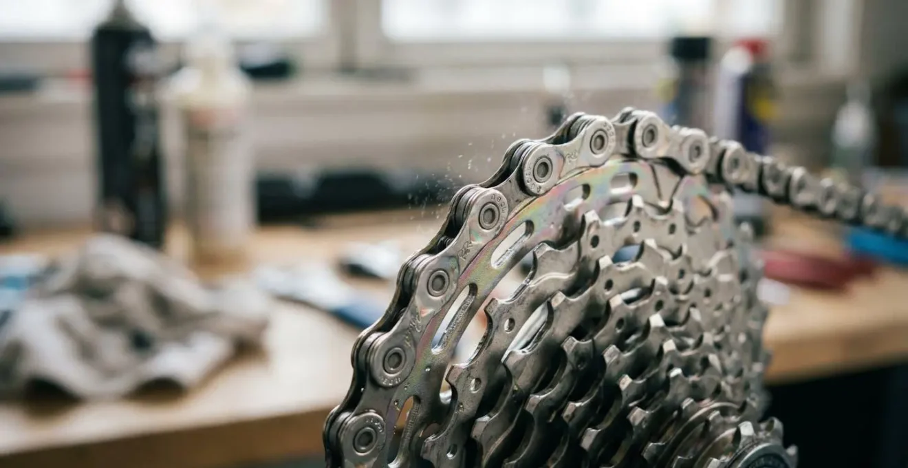 Close-up of a bicycle drivetrain showing clean chain and cassette with metal textures and mechanical precision