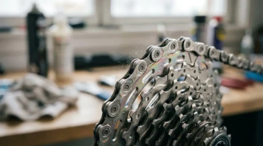 Close-up of a bicycle drivetrain showing clean chain and cassette with metal textures and mechanical precision