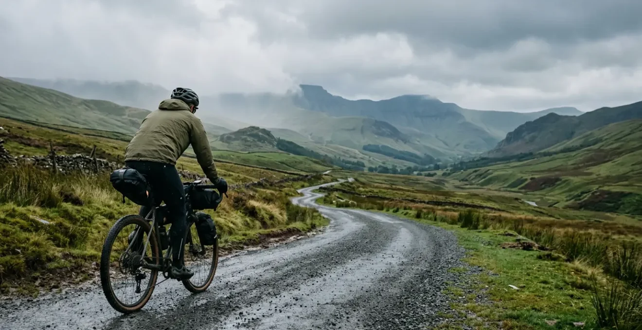 Cyclist with bikepacking setup riding through misty Welsh countryside in light rain