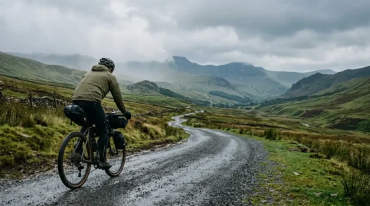 Cyclist with bikepacking setup riding through misty Welsh countryside in light rain