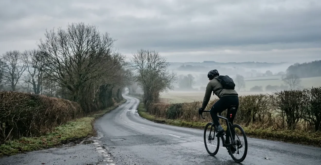 Cyclist riding through misty British winter landscape with determination