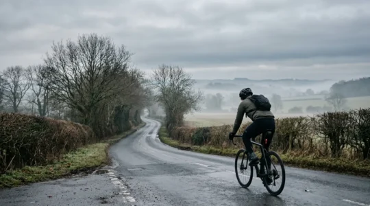 Cyclist riding through misty British winter landscape with determination