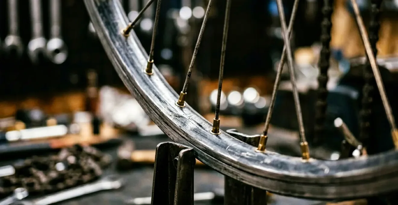 Close-up of a bicycle wheel with visible lateral wobble and stressed spokes against minimal workshop background