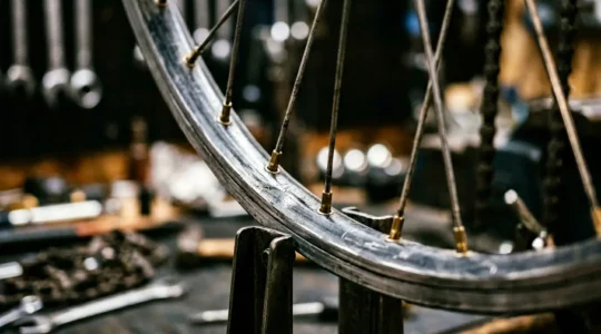 Close-up of a bicycle wheel with visible lateral wobble and stressed spokes against minimal workshop background