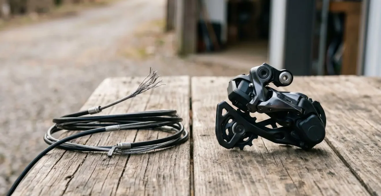 Close-up comparison of electronic and mechanical bike shifting components in natural outdoor setting