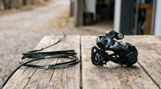 Close-up comparison of electronic and mechanical bike shifting components in natural outdoor setting