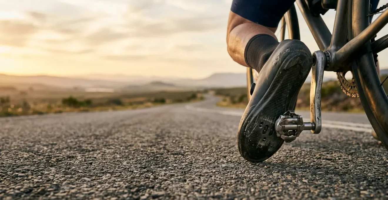 Close-up of carbon fiber cycling shoe sole positioned on pedal during long-distance charity ride