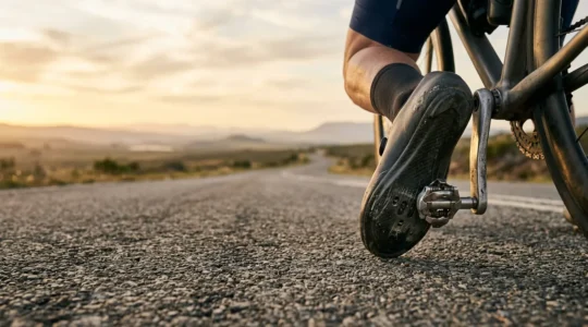 Close-up of carbon fiber cycling shoe sole positioned on pedal during long-distance charity ride