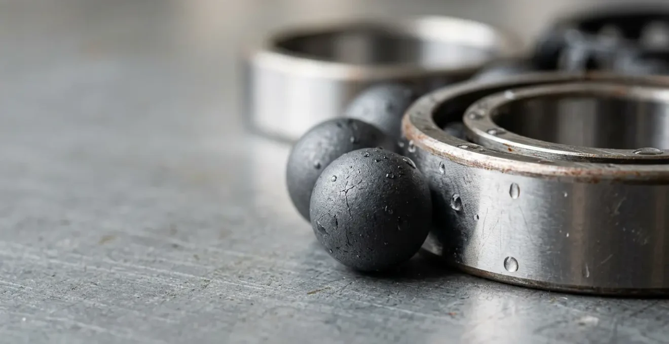 Close-up of high-performance bicycle bearing components reflecting moisture challenges in wet weather cycling