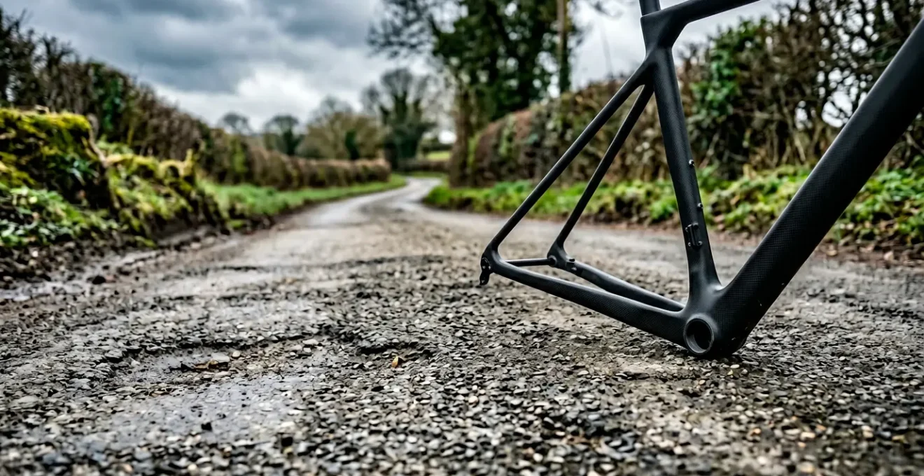 Carbon fiber bicycle frame positioned against weathered British tarmac background, subtle road texture detail