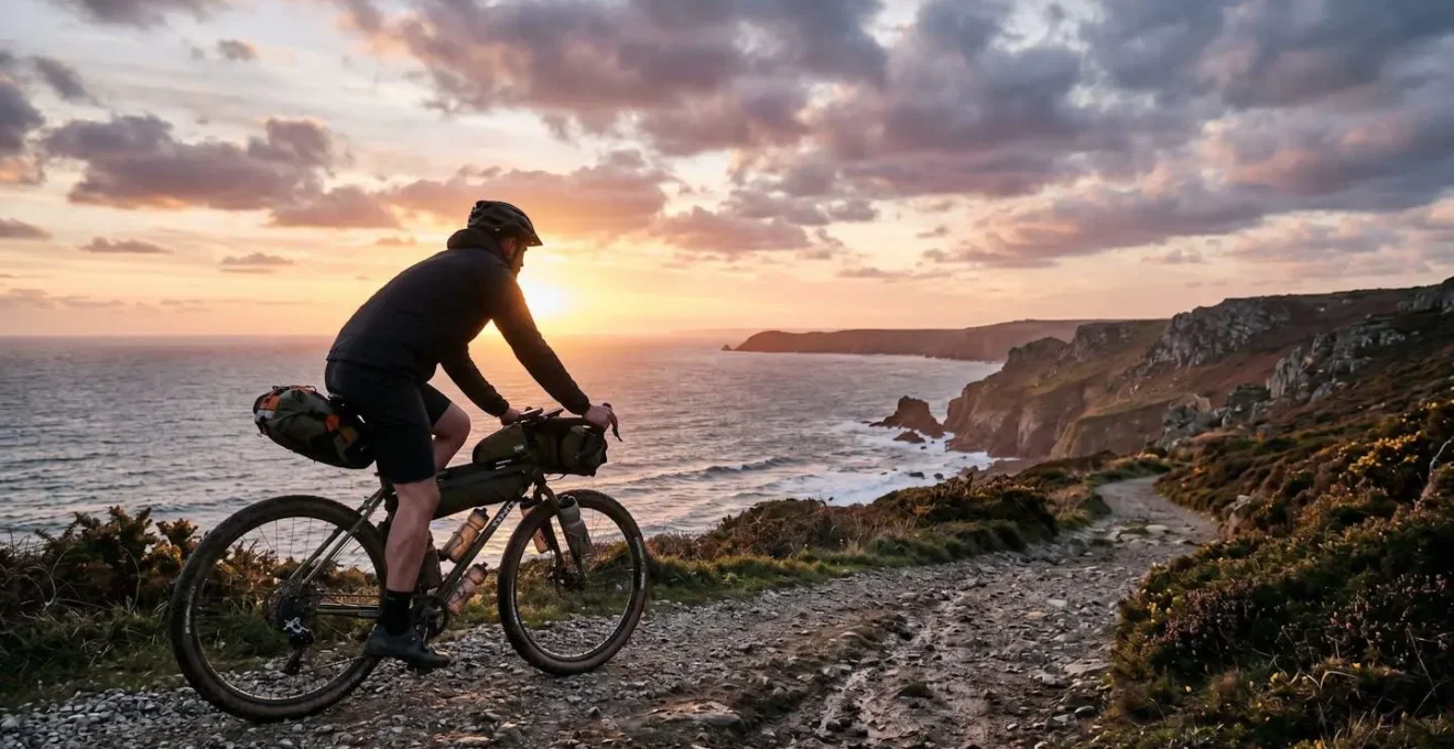 Self-supported bikepacker navigating remote terrain with loaded bike along coastal path