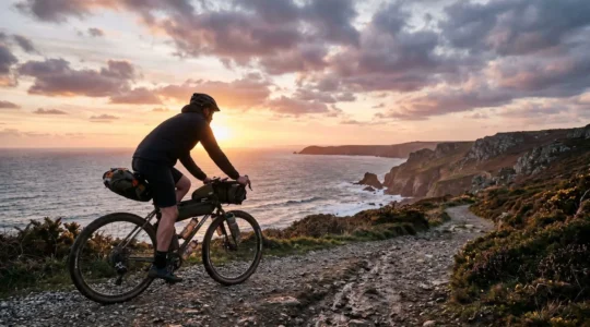 Self-supported bikepacker navigating remote terrain with loaded bike along coastal path