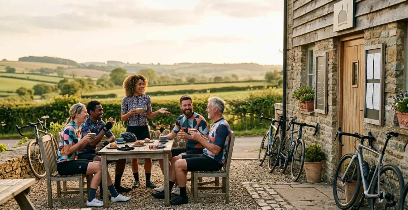 Cyclists gathered at a countryside cafe during a group ride break