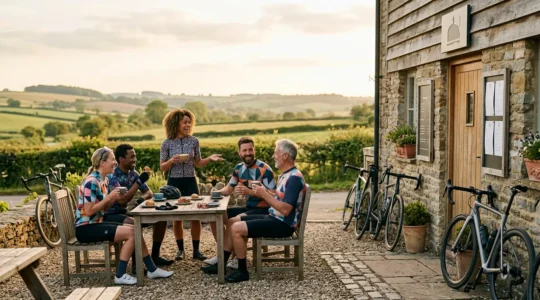 Cyclists gathered at a countryside cafe during a group ride break