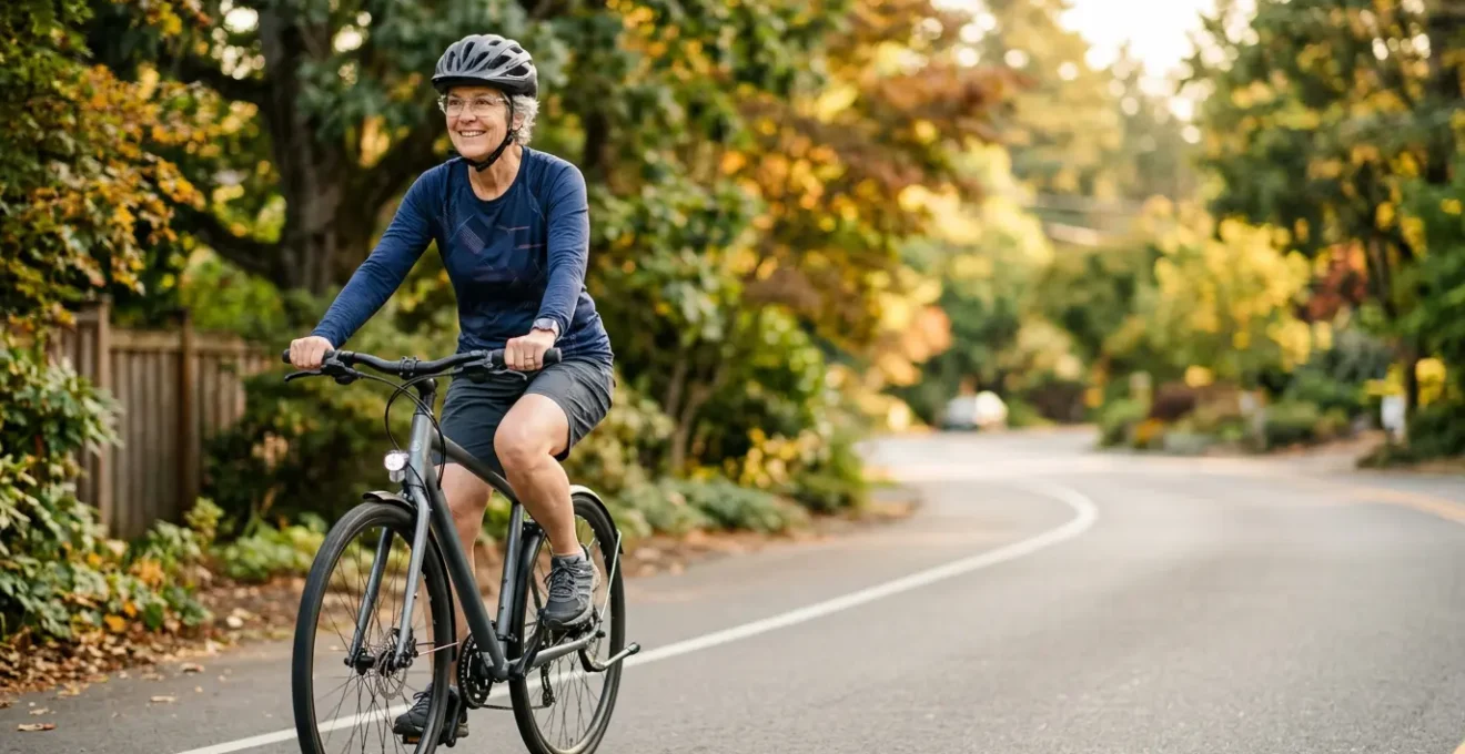 Active senior cyclist riding outdoors with proper posture and natural light emphasizing vitality and cardiovascular wellness