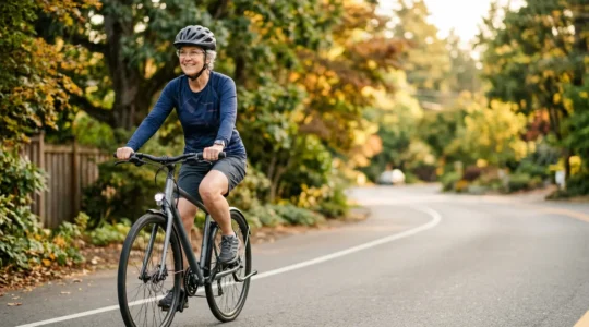 Active senior cyclist riding outdoors with proper posture and natural light emphasizing vitality and cardiovascular wellness