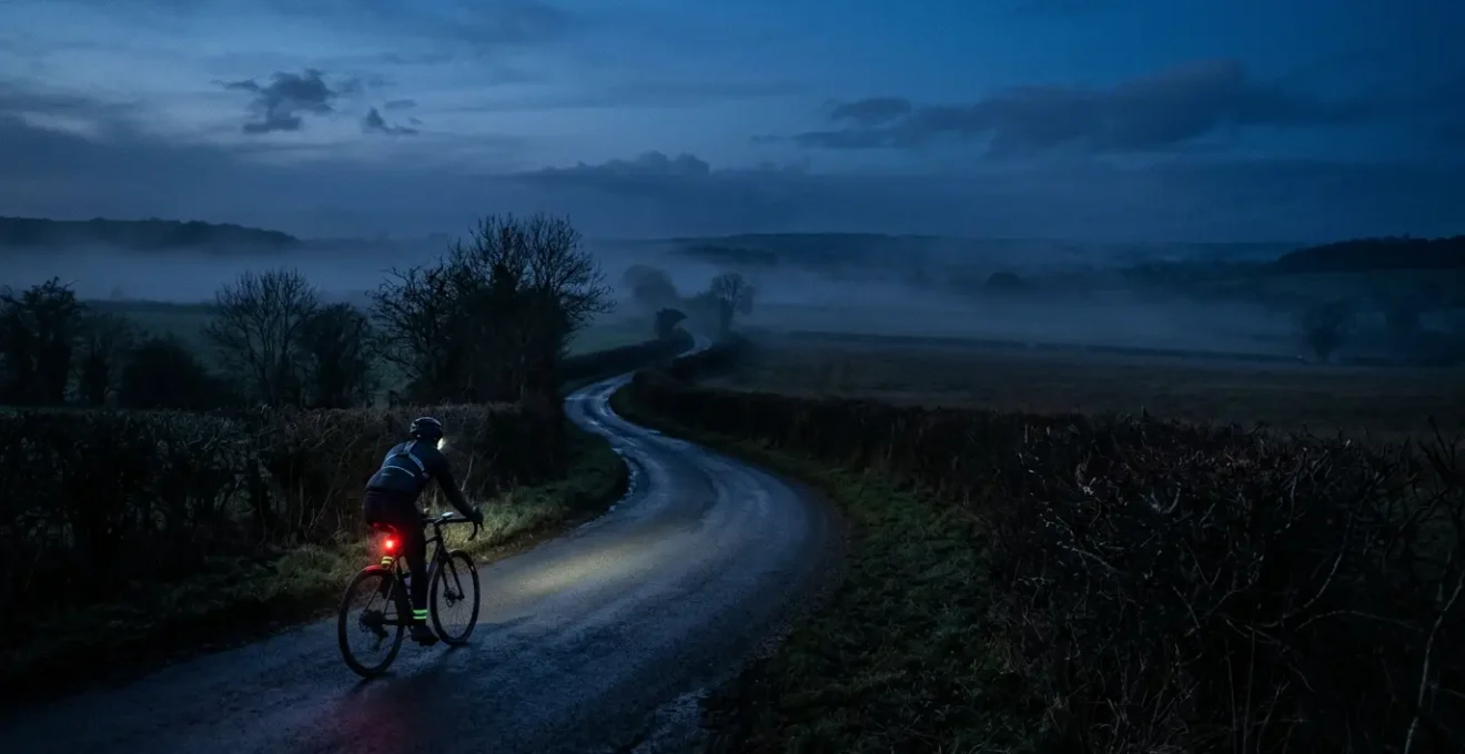 Cyclist riding on unlit rural country lane at dusk with strategic visibility lighting
