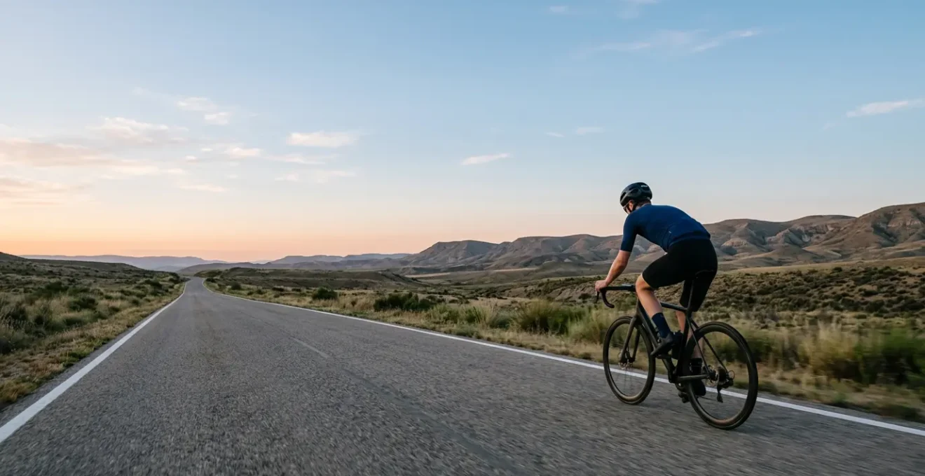 Endurance cyclist maintaining steady pace on open road during long-distance sportive