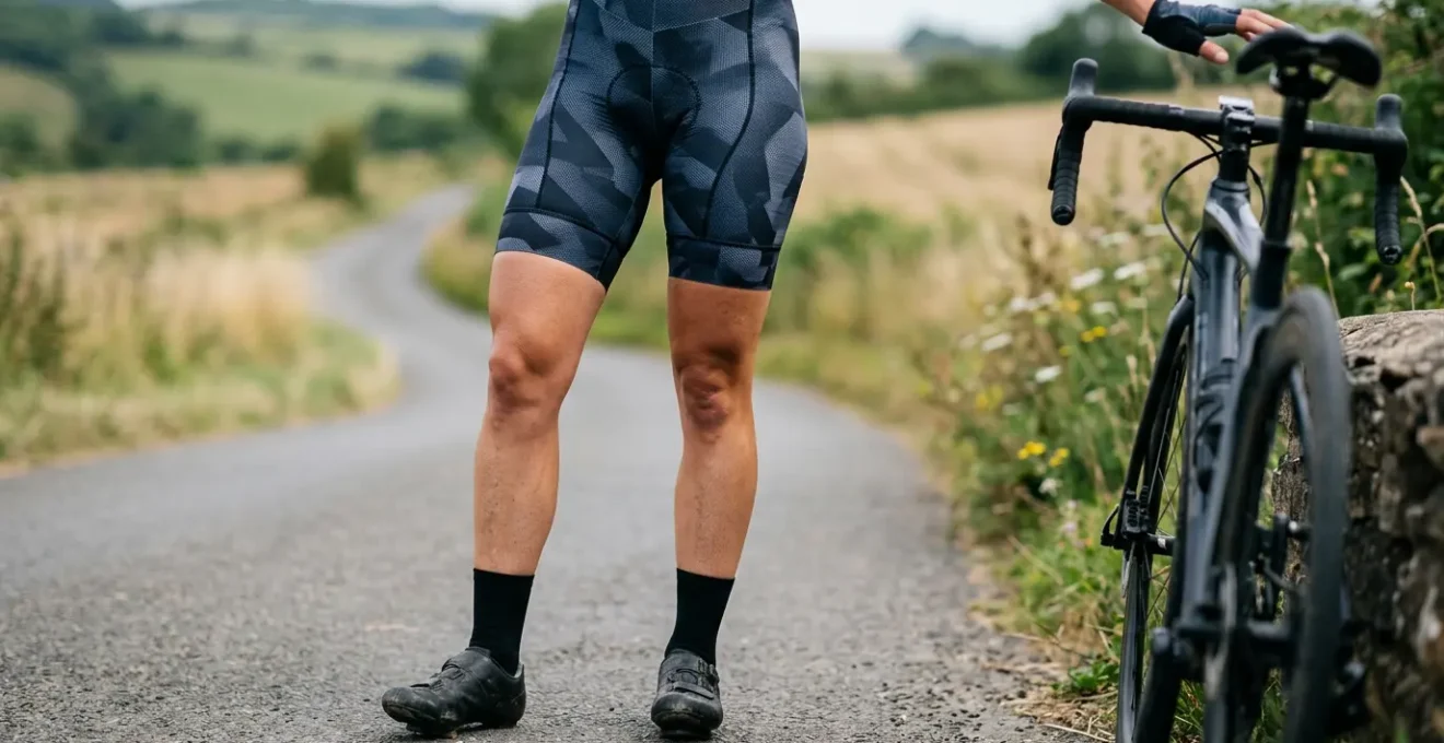 Close-up of cyclist's legs showing lean, defined muscle development while wearing fitted cycling apparel