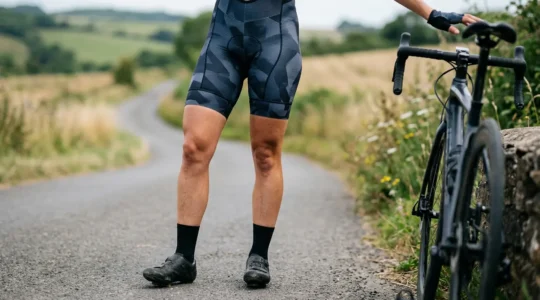 Close-up of cyclist's legs showing lean, defined muscle development while wearing fitted cycling apparel