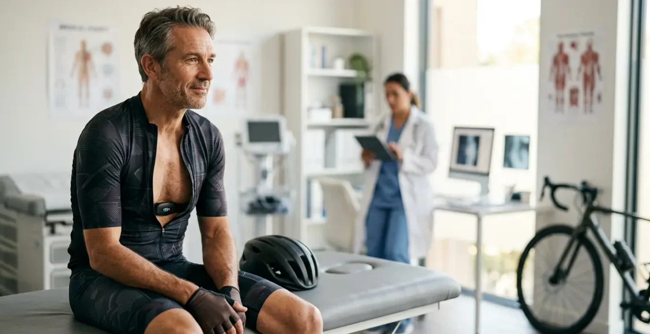 Endurance cyclist with wearable heart rate monitor during medical consultation