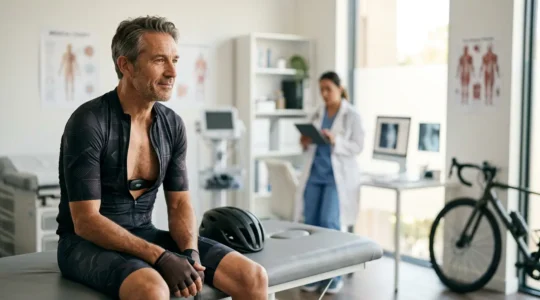 Endurance cyclist with wearable heart rate monitor during medical consultation