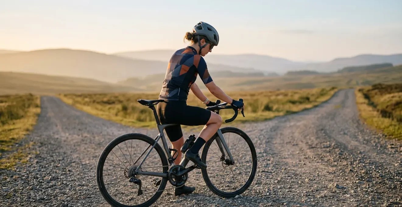A cyclist on a modern road bike at a crossroads, looking at handlebar-mounted GPS computer displaying abstract route patterns, surrounded by clean landscape with negative space
