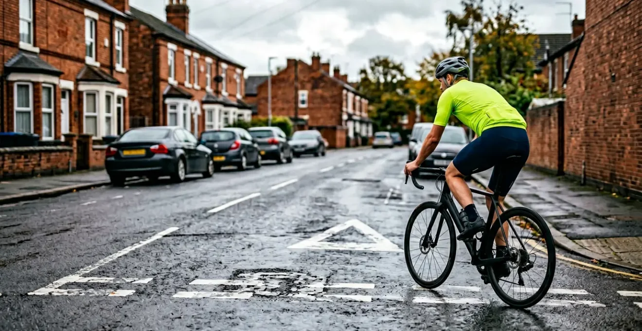 Cyclist wearing high-visibility neon clothing riding on UK urban road during overcast daylight conditions
