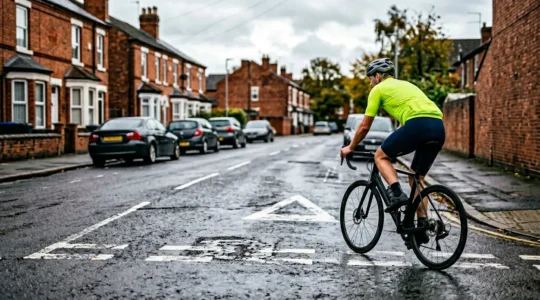 Cyclist wearing high-visibility neon clothing riding on UK urban road during overcast daylight conditions