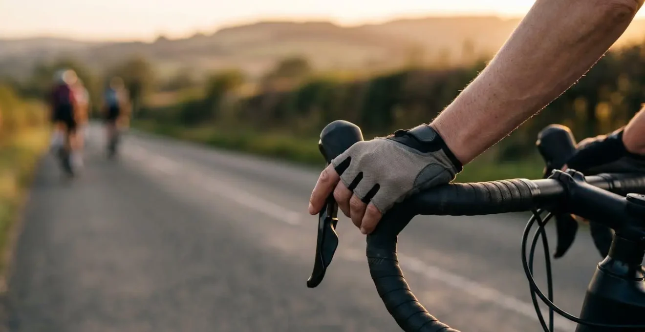 Close-up of cyclist's hand on electronic shift lever during club ride, decision moment captured in natural light