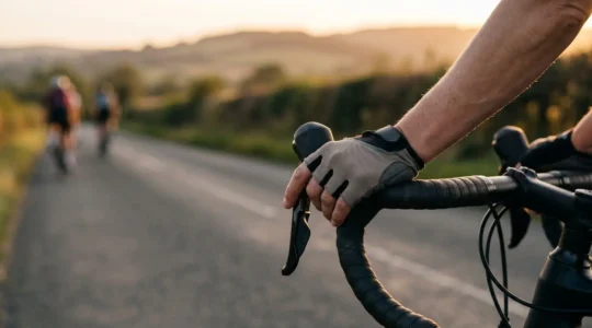 Close-up of cyclist's hand on electronic shift lever during club ride, decision moment captured in natural light