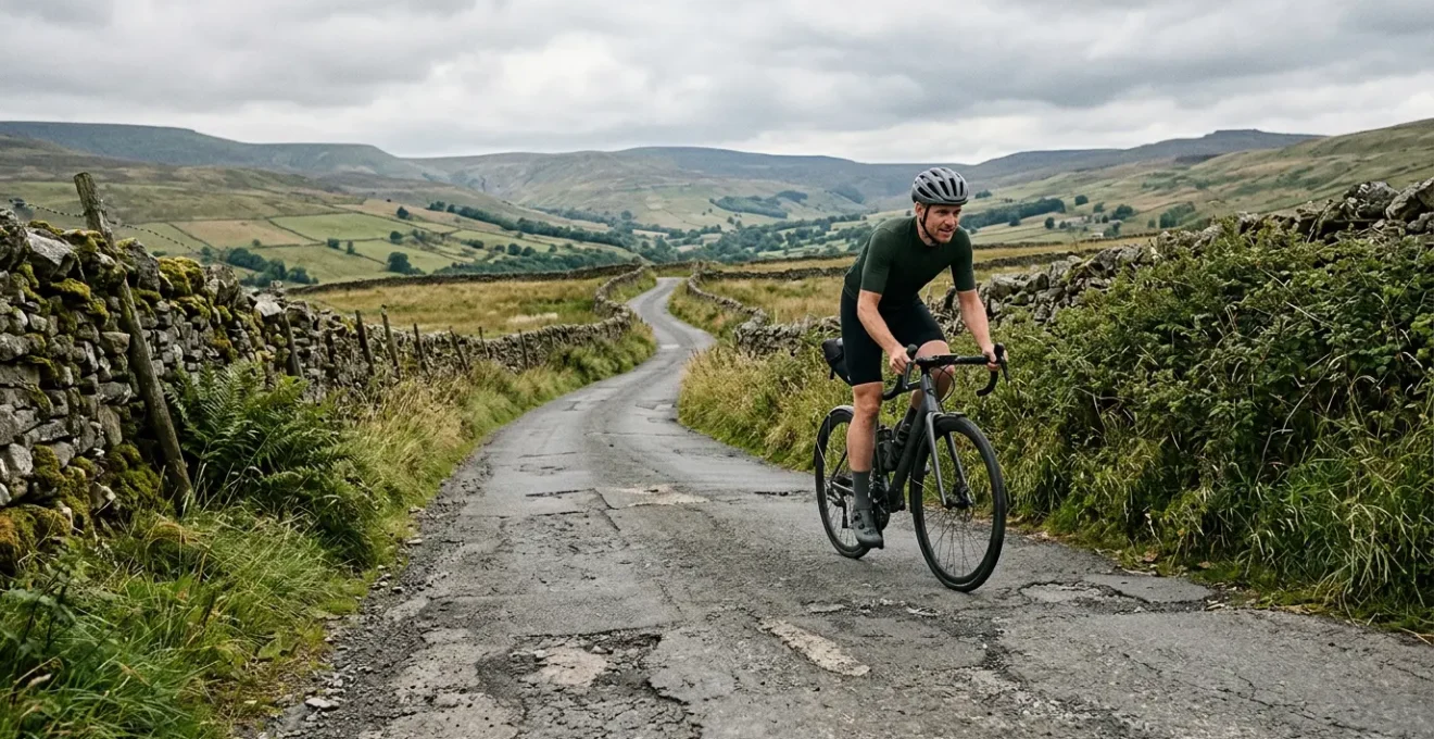 Cyclist riding endurance road bike on rough British country lane with relaxed posture
