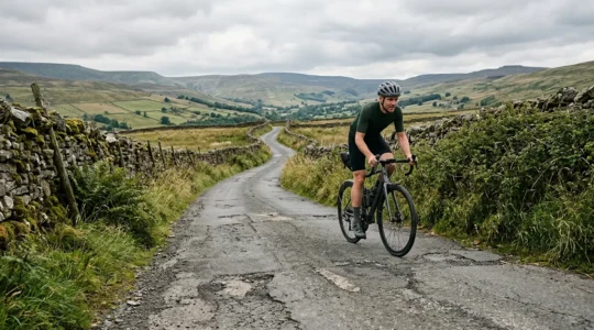 Cyclist riding endurance road bike on rough British country lane with relaxed posture