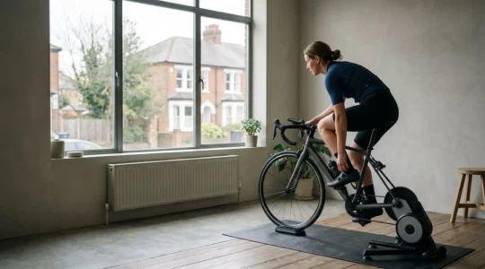 Cyclist training on indoor smart trainer in minimal home setup with mountain climbing data displayed on screen