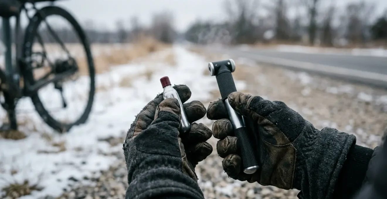 Cyclist with frozen hands attempting roadside tire repair in harsh winter conditions, choosing between CO2 and pump