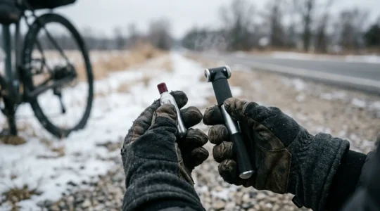 Cyclist with frozen hands attempting roadside tire repair in harsh winter conditions, choosing between CO2 and pump