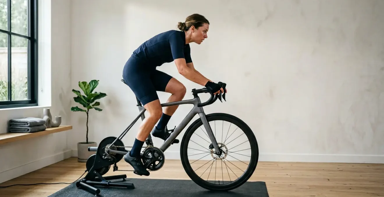 Professional cyclist performing FTP test on indoor smart trainer with power meter in dedicated home training environment