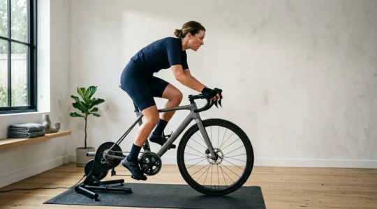 Professional cyclist performing FTP test on indoor smart trainer with power meter in dedicated home training environment