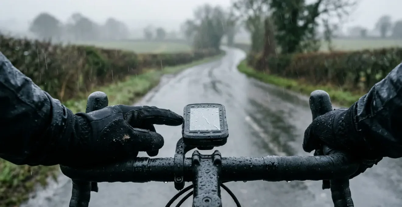 Cyclist riding in heavy rain with bike computer mounted on handlebar