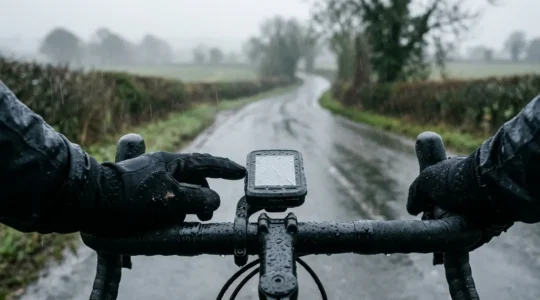 Cyclist riding in heavy rain with bike computer mounted on handlebar