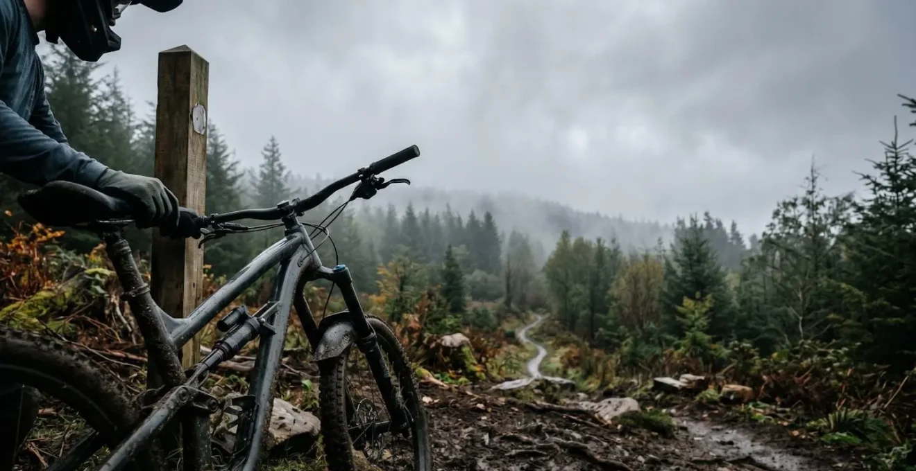 Mountain biker standing at trail junction contemplating bike choice with muddy Welsh terrain in background