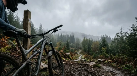 Mountain biker standing at trail junction contemplating bike choice with muddy Welsh terrain in background