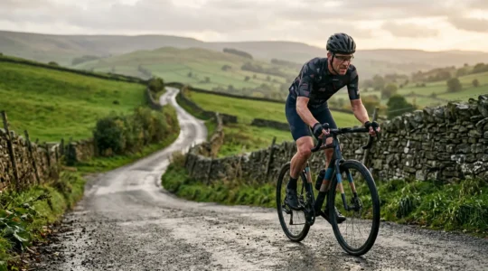 Cyclist powering up a steep gradient during intense hill climb training