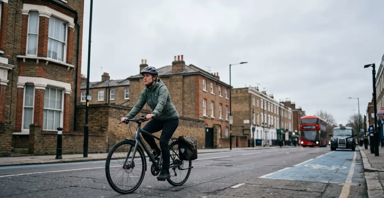 Urban cyclist commuting through London city streets during morning rush hour
