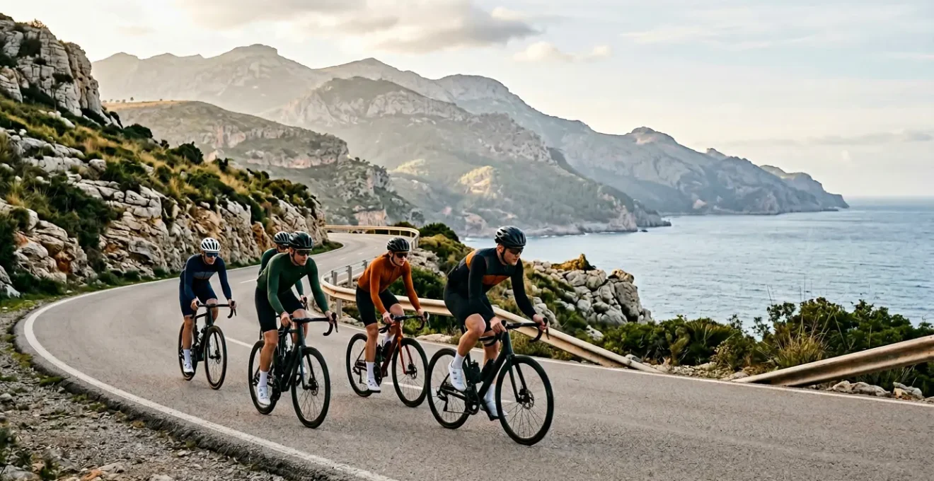 Cyclists riding in tight formation on a sunlit coastal road during winter training season