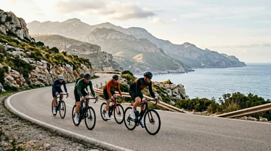 Cyclists riding in tight formation on a sunlit coastal road during winter training season