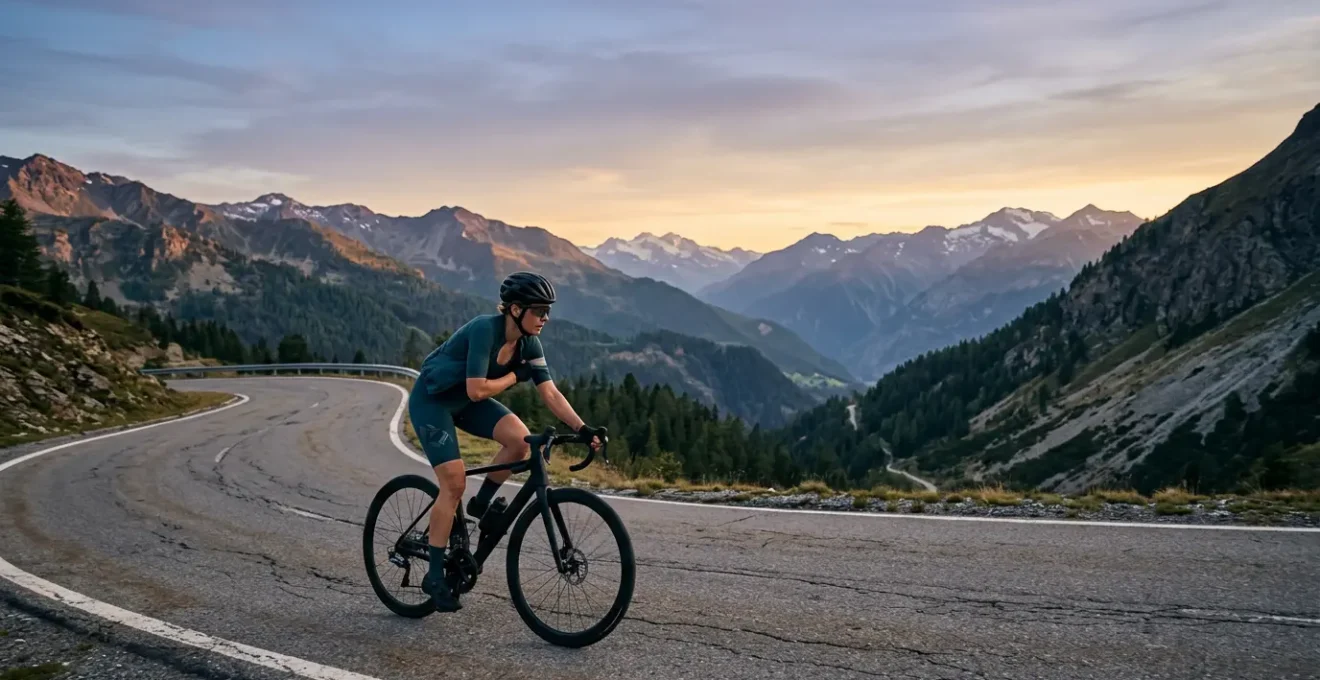 Cyclist adjusting layers during temperature change on mountain descent