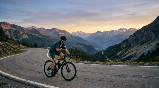 Cyclist adjusting layers during temperature change on mountain descent